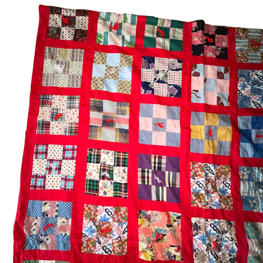 Vibrant Vintage Red Nine Patch Quilt Handcrafted Americana 65x75” - Picture 6 of 11